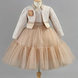 Girls Dress Set Spring Autumn Khaki Lotus Lace Cute Princess Dresses and Coat Outfits 2-8 Year